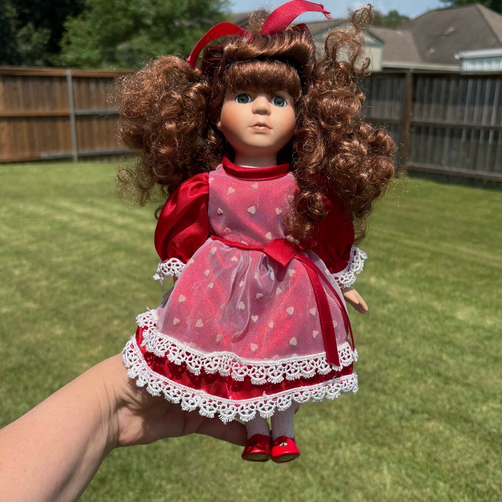 Collectors Choice “DanDee” porcelain doll 12 inches red and white dress GUC